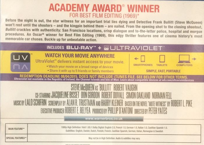 Bullitt [1968] Steve McQueen, Robert Vaughan, Robert Duvall & Jacqueline Bisset [Blu-ray Movie]