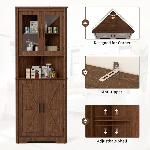 Tall Corner Storage Cabinet with Barn Doors, 5-Tier Farmhouse Corner Cabinet for Living Room, 2 Wooden Doors,2 Glass Door and 5 Shelves, Space Saving Freestanding Sideboard for Home, Kitchen,Brown