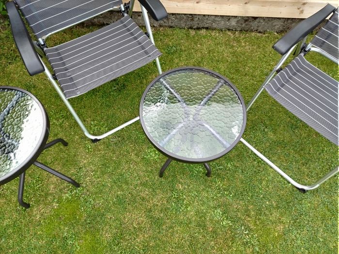 Set of x2 Garden Chairs and x2 Small Glass Top Tables