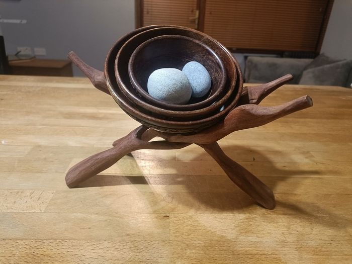 (Move out sell-see my other low priced ads) Handcrafted Wooden Bowl Set with Folding Stand
