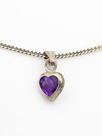 Tiny Amethyst Silver Heart On Italian Chain