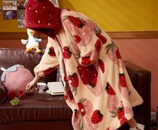 Women's Cozy Strawberry Print - Padded Thermal Robe & Nightgown with Hood - New