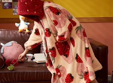 Women's Cozy Strawberry Print - Padded Thermal Robe & Nightgown with Hood - New