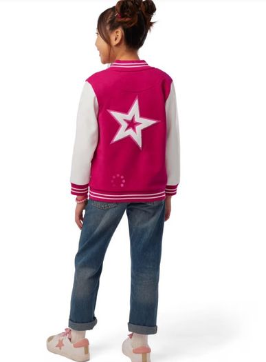 American Girl Star Squad berry coloured Varsity Jacket with white faux-leather sleeves Size M EUC