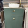 Green bathroom vanity unit with countertop basin and gold tap Image 3