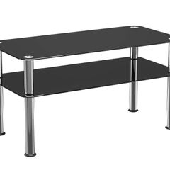 Chrome and Black Coffee Table with Shelf - Tempered Safety Glass Coffee Table - Small Table W80cm x D40cm x H41.5cm - Living Room Furniture/Office Furniture (FREE POSTAGE)