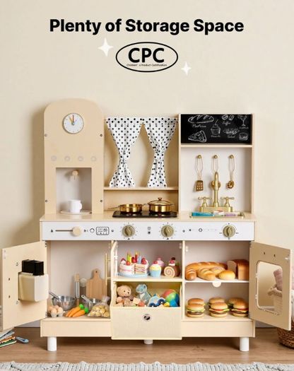 Wooden Kids Play Kitchen with Lights and Sounds Cream