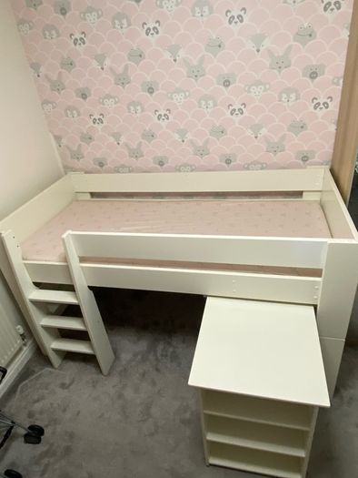 White Mid-Sleeper Cabin Bed with Pull-Out Desk, Shelves & Euro Single Mattress