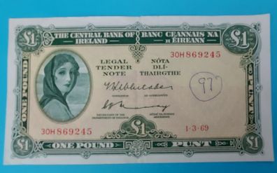 Irish 1969  Lavery One pound banknote in Very Fine condition