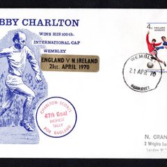 1970 England cover commemorating Bobby Charlton Winning his 100th International Cap at Wembley Playing Northern Ireland  tying 4d Commemorative Stamp of England as World Cup Winners