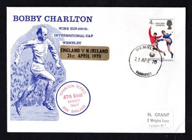 1970 England cover commemorating Bobby Charlton Winning his 100th International Cap at Wembley Playing Northern Ireland  tying 4d Commemorative Stamp of England as World Cup Winners