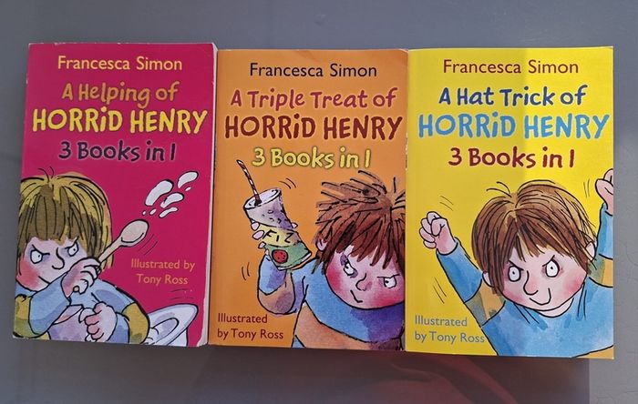 Horrid Henry 3 Paperback Books. Each book is a triple book so 9 stories.