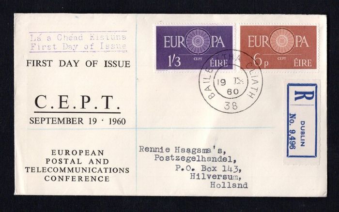 1960 Ireland Europa (CEPT) Commemorative Stamps Illustrated addressed (to Holland) First Day Cover (FDC) with Baile Atha Cliath (Dublin) cancel with Dublin No 9496 registered label