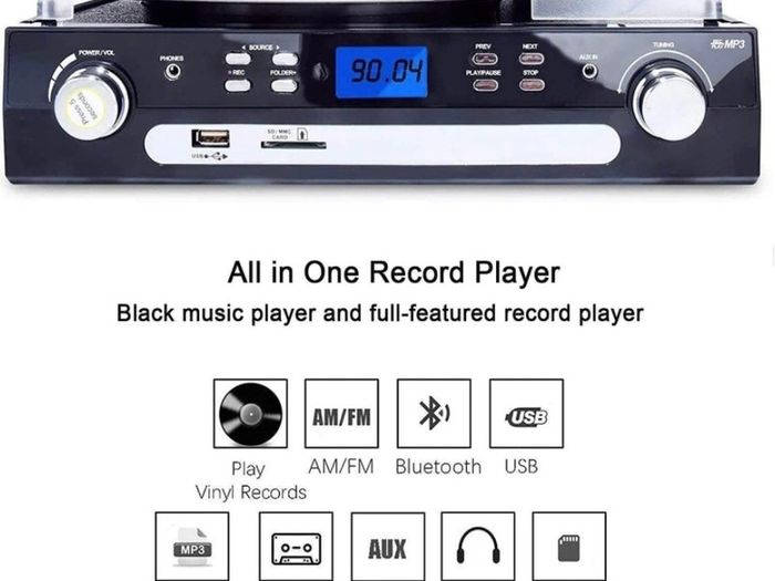 Vinyl Record Playe with Bluetooth and Stereo Speakers, Turntable for Vinyl to MP3 with Cassette Play, AM/FM Radio, Remote Control, USB/SD Encoding, 3.5mm Music Output Jack (FREE POSTAGE)