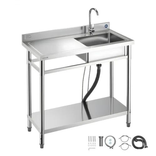 Stainless Steel Utility Sink, Free Standing Single Bowl Commercial Kitchen Sink with Faucet, 1000 x 500 x 940 mm, Utility Left Basin with Hot & Cold Water Pipe for Garage, Restaurant, Laundry