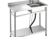 Stainless Steel Utility Sink, Free Standing Single Bowl Commercial Kitchen Sink with Faucet, 1000 x 500 x 940 mm, Utility Left Basin with Hot &amp; Cold Water Pipe for Garage, Restaurant, Laundry