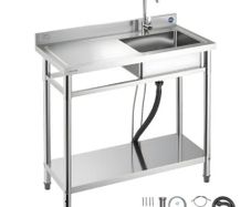 Stainless Steel Utility Sink, Free Standing Single Bowl Commercial Kitchen Sink with Faucet, 1000 x 500 x 940 mm, Utility Left Basin with Hot & Cold Water Pipe for Garage, Restaurant, Laundry