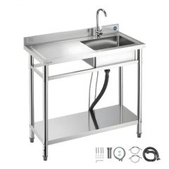Stainless Steel Utility Sink, Free Standing Single Bowl Commercial Kitchen Sink with Faucet, 1000 x 500 x 940 mm, Utility Left Basin with Hot & Cold Water Pipe for Garage, Restaurant, Laundry