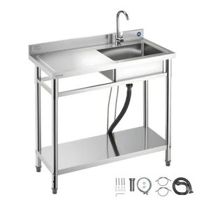 Stainless Steel Utility Sink, Free Standing Single Bowl Commercial Kitchen Sink with Faucet, 1000 x 500 x 940 mm, Utility Left Basin with Hot & Cold Water Pipe for Garage, Restaurant, Laundry
