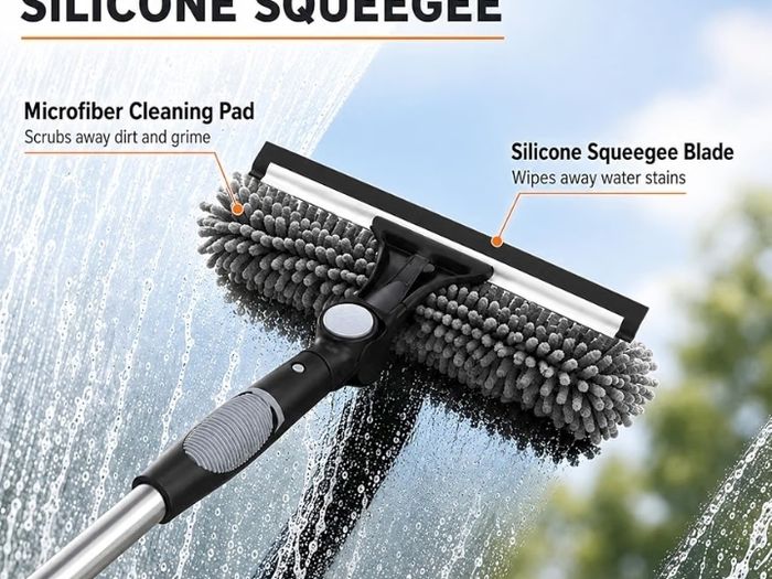 4.5M Window Cleaning Equipment, Window Squeegee Cleaner Kit with Extendable Pole, 2 in 1 Telescopic Long Cleaning Pole with Squeegee, 5 Microfiber Scrubber Pad for Home, Shower Glass, Car