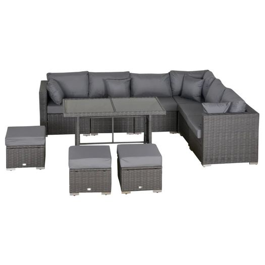 MASSIVE SUMMER SALE 10PCs Garden Rattan Corner Dining Sofa Set 9-Seater Patio Furniture Set Glass Table Stools w/ Cushions & Pillow