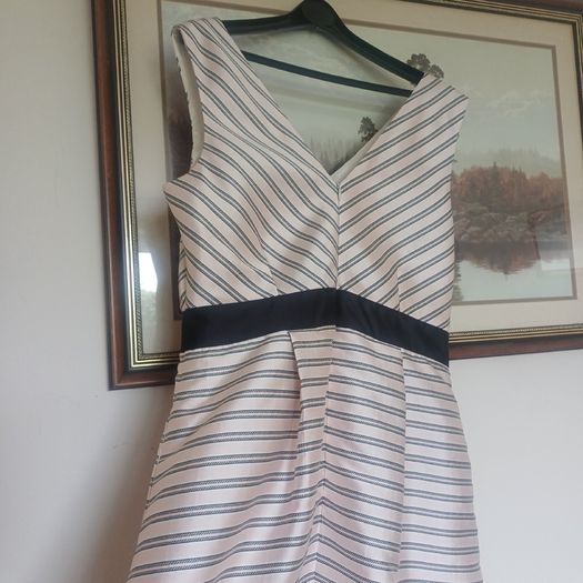 Beautiful Flattering Dress by Irish Designer Fee G, Soft Pink and Black Stripped Dress - Size 16