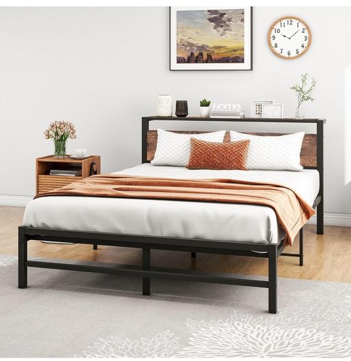 5ft King Metal Platform Bed Frame with Wooden Storage Shelf