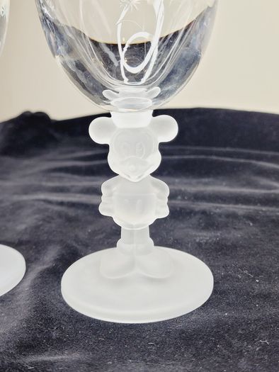 Vintage Disney Mickey & Minnie Mouse Frosted Figural Stem Glasses Made in Japan Set of 2