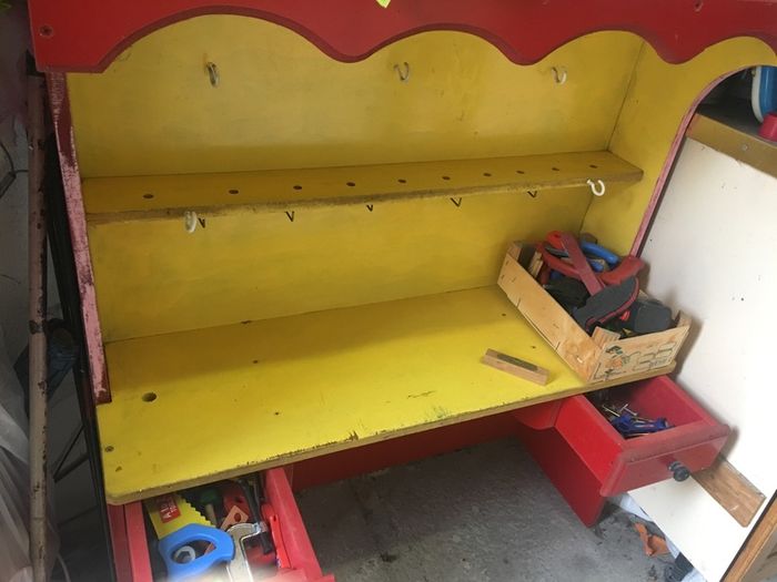 Kids work shop play station dresser with tools.