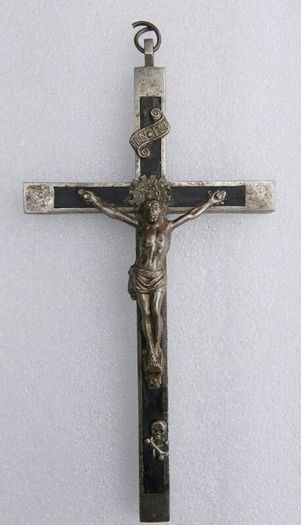 Antique Large Golgotha Crucifix Cross 6.5" Metal Ebony Wood German Skull Bones