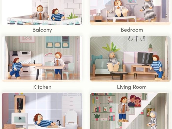 Wooden Dolls House, 2.6 Feet High with Elevator, Doorbell, Light 15 Pieces Furnitures and 3 Dolls, Toys Suitable for Girls Aged 3-7+, Birthday and Christmas Gift