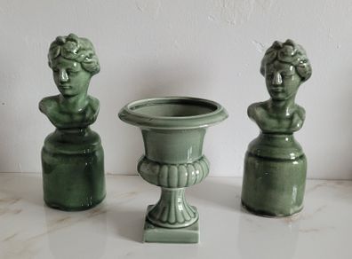 Vintage glazed busts & urn trio