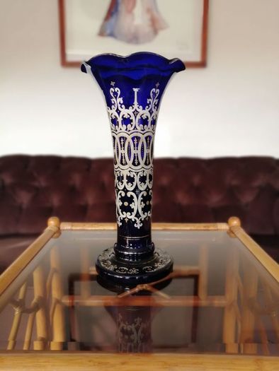 Superb Very Tall  Bristol Blue Hand Blown Late Victorian Art Nouveau Glass Vase
