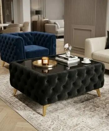 Chesterfield Coffee Table Velvet Rectangle 83x63x45cm with Glass
