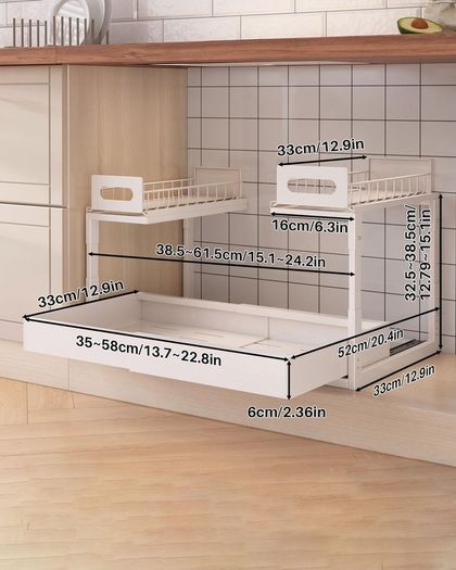 Under Sink Metal Shelf 2 Tier Height Adjustable Kitchen Organizer  White