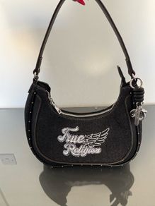 True Religion Crystal Wing Denim Hobo HandBag Black