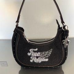 True Religion Crystal Wing Denim Hobo HandBag Black