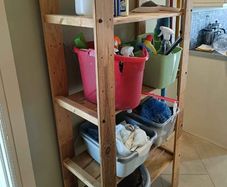 Wooden shelves, bins