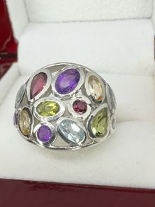 Silver African Amethyst & Multi-Gemstone Cluster Ring
