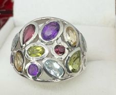 Silver African Amethyst & Multi-Gemstone Cluster Ring