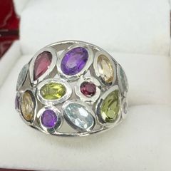 Silver African Amethyst & Multi-Gemstone Cluster Ring