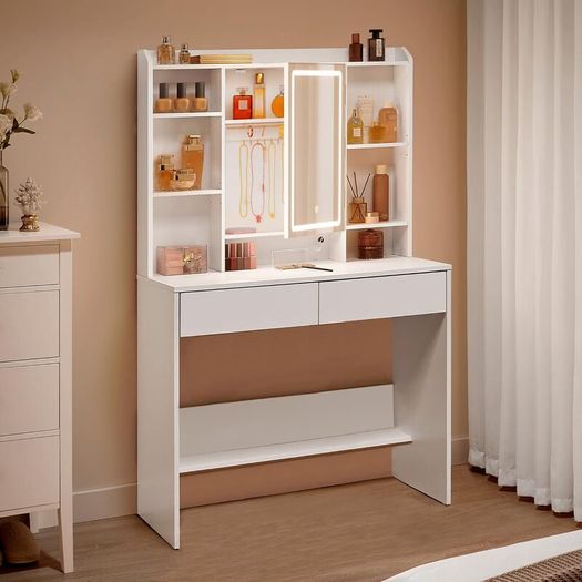 Led Dressing Table with Lighting, Mirror with LED, 2 Drawers with Adjustable Shelves 3 Colours with Adjustable Brightness White