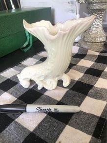 Belleek Cornucopia Shell and Scroll Vase Gold Trim 8th Mark