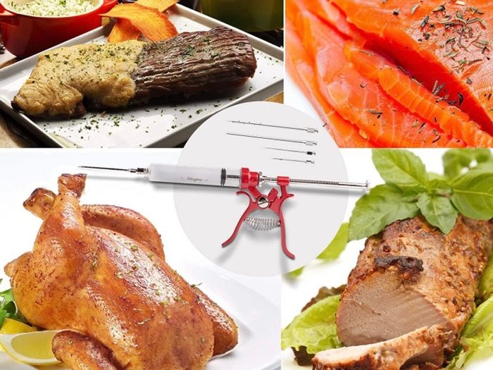 Meat Injector Marinade Gun Stainless Steel Outdoor Kit Flavor Food Syringes & 4 Marinades Needles for BBQ Grill Smoker Injectors Professional Syringe Held Culinary Barbecue Tool (FREE POSTAGE)