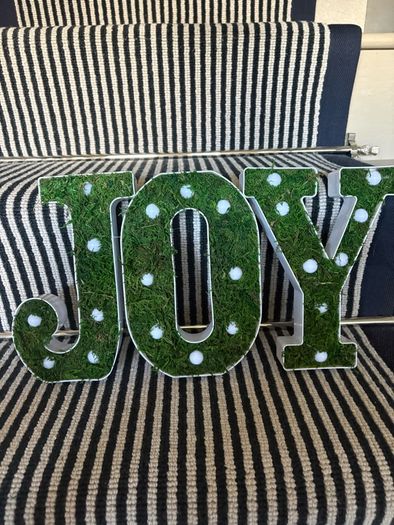 New bespoke 21.5cm high pre lit JOY sign with faux moss