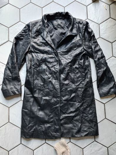 Vintage long leather jacket coat black Size 12 halloween party costume