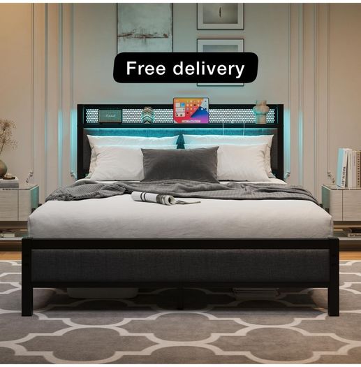 5ft Upholstered Bed Frame Kingsize with Charging Station/USB Ports and LED Lights