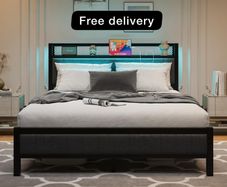5ft Upholstered Bed Frame Kingsize with Charging Station/USB Ports and LED Lights