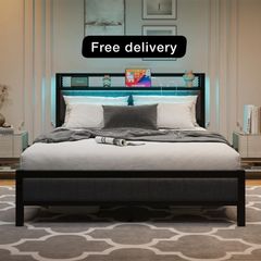 5ft Upholstered Bed Frame Kingsize with Charging Station/USB Ports and LED Lights