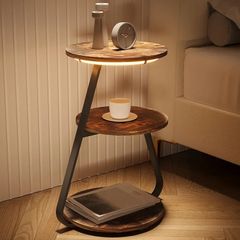 Side Table Set of 2, Bedside Small Coffee Table with 3 Color LED Lights, End Table with 3 Tier Storage Shelves for Living Room Bedroom, Rustic Brown